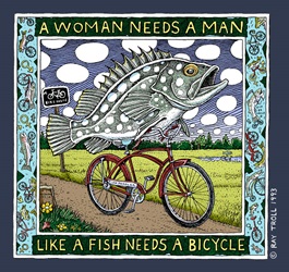 Fish on a bicycle on a canvas book bag, beach bag or shopping bag