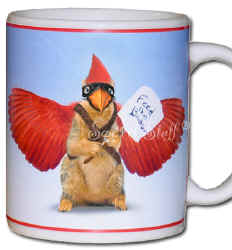 Squirrel dressed up like Cardinal Feed the Birds Ceramic Mug