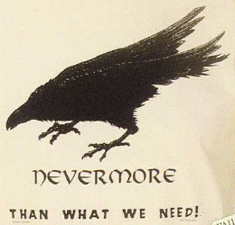 Raven a block print style image of  a tree with the words Nevermore above and seed the future below on an ecru tee