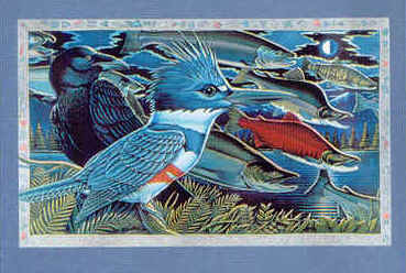 Ray Troll Kingfisher bird and salmon scene fish humor t-shirt