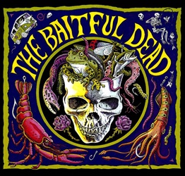Ray Troll Baitful dead skeleton skull crowned by fish and marine invertebrates bait fish humor tye dye psychedelic sixties t-shirt