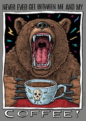 Angry grizzly bear with coffee cup with skull and lughtening design Ray Troll humor t-shirt