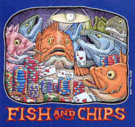Ray Troll fish plaing poker with text fish and chips fish humor t-shirt