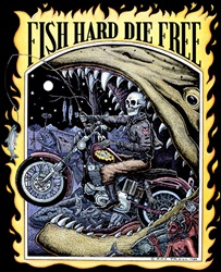 Ray Troll fish hard die free text and skeleton on motorcycle t-shirt