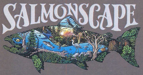 morthwest salmon river scene ecosystem salmonscape Ray Troll Alaska spawning salmon t-shirt