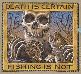 Ray Troll death is certain fishing is not skeleton with fishing reel and pole fish humor t-shirt
