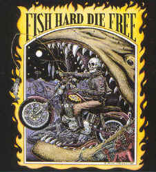 Ray Troll fish hard die free text and skeleton on motorcycle t-shirt