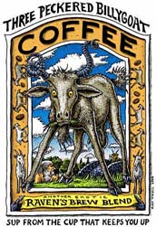 Ray Troll billy goat with three peckers coffee blend humor t-shirt