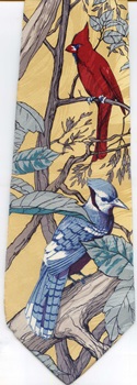 Bird scene with Blue Jay, Cardinal and Oriole in a tree World Wildlife Fund Tie Necktie