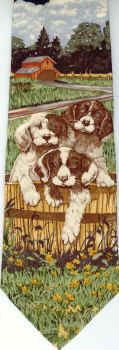 Spaniel Puppy Scene on farm in wooden barrel Tie