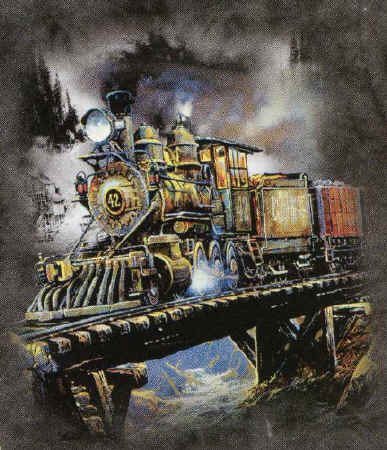 antique steam train locomotive scene silkscreened on a custom dyed t-shirt