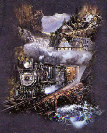 antique steam train locomotive scene silkscreened on a custom dyed t-shirt