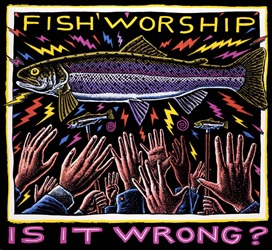 Ray Troll fish fish worship salmon over crowd of raised hands t-shirt