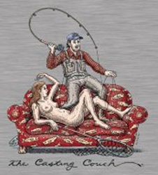 Ray Troll casting couch fisherman and naked woman on couch sofa davenport rod and reel salmon fly fishing movie director t-shirt