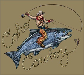 Ray Troll Alaska Coho Cowboy cowboy fisherman riding a bucking salmon t-shirt