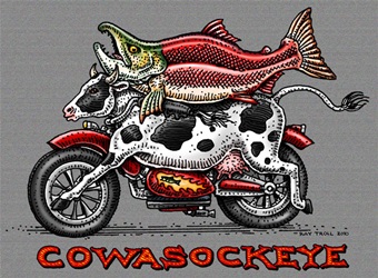 Ray Troll Cowasockeye sockeye salmon on a cow shaped motorcycle fish humor t-shirt