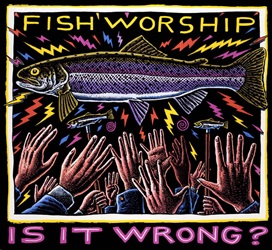 Ray Troll fish worship is it wrong? text and crowd of hands raised in praise of large floating fish fish humor t-shirt