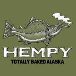 Hempy Ray Troll salmon fish smoking a marijuana joint totally baked alaska text humor t-shirt