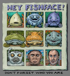 Hey Fish Face Ray Troll evolution series from various  fish faces to primate with lemur neanderthal caveman and human t-shirt