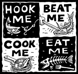 Ray Troll hook me beat me cook me fish dinner shirt fish humor t-shirt