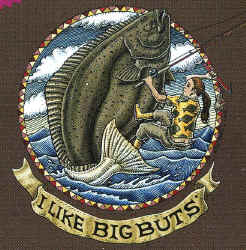 Ray Troll I LIKE BIG BUTTS girl with fishing pole trying to reel in a giant halibut fish humor t-shirt
