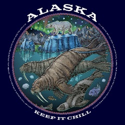 Ray Troll Keep it chill Alaska tee eith swimming ribbon seal and walrus family and polar bear on ice fish humor t-shirt
