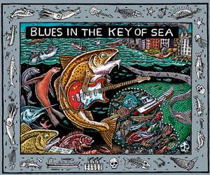 Blues in the Key of Sea Ray Troll marine fish musician marine fish playunf a guitar surrounded by trash and ocean pollution plastic humor t-shirt