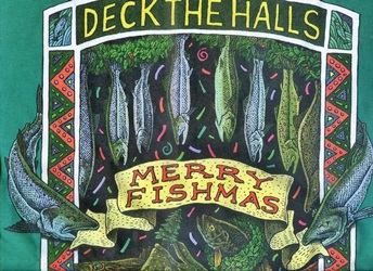 Ray Troll Merry fishmas christmas salmon hung on the mantle for Santa fish humor t-shirt