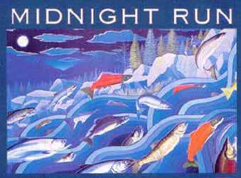 Ray Troll King salmon run scene with salmon going upstream over dam fish battle fish Midnight Run humor t-shirt