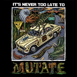 Ray Troll evolution scene with charles darwin in evolvo volvo car and extinct animals Never too Late to Mutate fish humor t-shirt