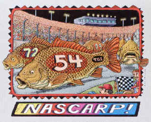 Ray Troll nascar race scene with carp fish as drivers nascarp fish humor t-shirt