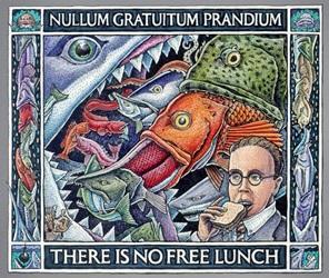 No Free Lunch  Ray Troll food chain of small fish being eaten by ever larger sfish and man eating fish sandwich fish humor t-shirt