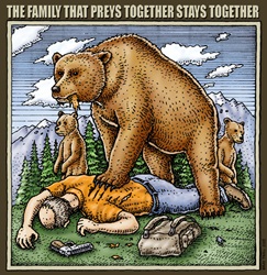 Family that Preys Together Ray Troll bear family wreaking havoc in a campsite Family that Preys Together humor t-shirt