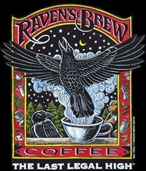 Ray Troll large raven bird and coffee label text is last legal high humor t-shirt