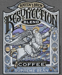 Ray Troll coffee label resurrection blend and angel humor ravens brew coffee blens t-shirt