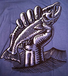 Ray Troll black power fist holding salmon fish  humor salomon power fist t-shirt