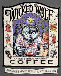 Ray Troll wicked wolf coffee brand Ravens Brew humor t-shirt