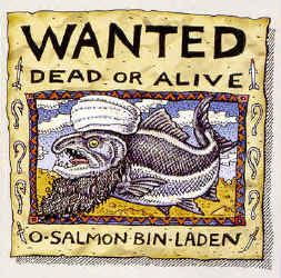 Ray Troll Osalma o'salmon bin laden wanted poster with fish in a turban parody of fish humor t-shirt