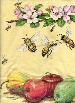 Apple Tree branch with blossoms leaves pollenating bees on a cotton t-shirt tee shirt