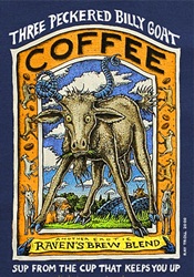 Ray Troll billy goat with three peckers coffee blend humor  Ravens Brew t-shirt