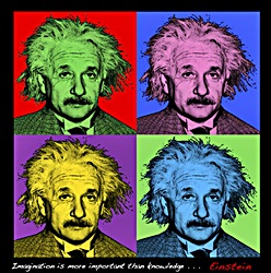 Colorful Einstein portrait als Andy Warhol Imagination is more important than Knowledge t-shirt