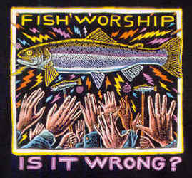 Ray Troll fish worship is it wrong? text and crowd of hands raised in praise of large floating fish fish humor t-shirt