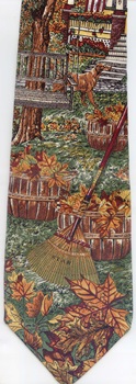 Autumn Arrival Circa 1936 colorful maple leaves to rake Americana Collectible Necktie Tie ties neckwear ties tye neckwears
