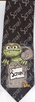 Oscar At Home in his garbage can with the words scram all over Sesame Street tie Necktie